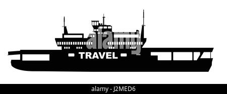 Silhouette di un tipico trasportatore auto ferry su uno sfondo bianco con il testo travel Illustrazione Vettoriale