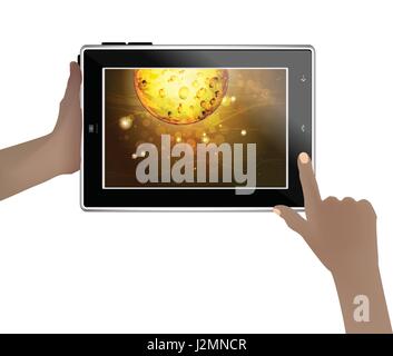 Sfondo spazio su un tablet nelle mani dell'uomo. Illustrazione per il design. Pianeta di oro Illustrazione Vettoriale