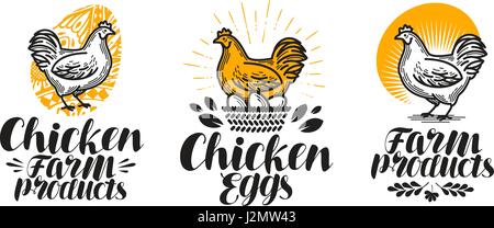 Pollo, gallina set di etichette. Azienda agricola di pollame, uova, carne, broiler, pullet icona o logo. Lettere manoscritte illustrazione vettoriale Illustrazione Vettoriale