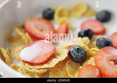 Primo piano di una sana colazione con fiocchi di mais e frutti di bosco in bianco ciotola, macro shot Foto Stock