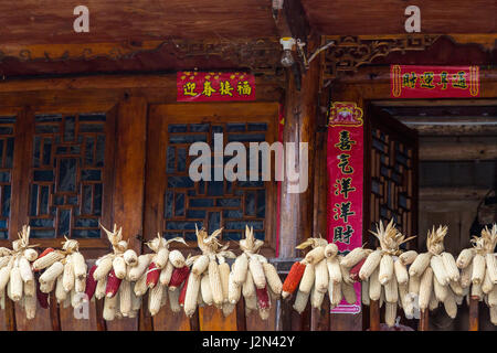 Matang, un villaggio Gejia nel Guizhou, Cina. Spighe di grano appeso alla ringhiera di protezione in ingresso alla casa. Festa della Primavera (Nuovo Anno) scorre attorno allo sportello. Foto Stock