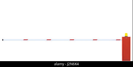 Gated barriera stradale Closeup, carreggiata Gate Bar Bianco Rosso, traffico isolato Turnpike pedaggio e di arresto del veicolo il punto di sicurezza Gateway, faro giallo Foto Stock