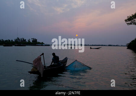 I pescatori la cattura di gamberetti giovani sul fiume Kholpetua in la Sundarbans durante il tramonto. Satkhira, Bangladesh. Foto Stock