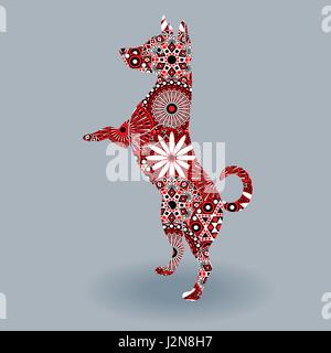Cane permanente, vettore silhouette stencil riempire con fiori stilizzati nei colori rosso, bianco e nero su sfondo grigio Illustrazione Vettoriale