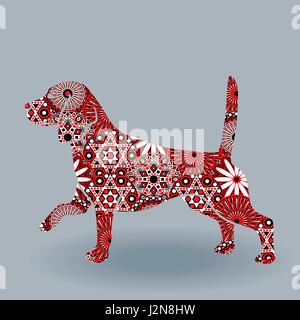 Cani di razza Beagle, vettore silhouette stencil riempire con fiori stilizzati nei colori rosso, bianco e nero su sfondo grigio Illustrazione Vettoriale