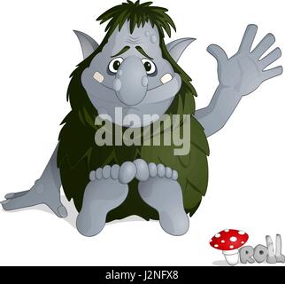 Tipo piccolo troll della foresta di grigio dal folklore norvegese vestito di foglie seduto e il messaggio di saluto disegnato in stile cartoon Illustrazione Vettoriale