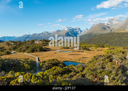 Vista del piccolo lago di montagna e Ailsa montagne, Vertice chiave via, Parco Nazionale di Fiordland Southland, Regione, Nuova Zelanda Foto Stock