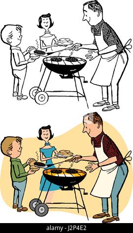 Una famiglia di griglie hamburger sul loro cortile grill. Illustrazione Vettoriale