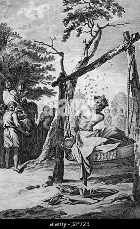 Marcus Vescovo di Arethusa strofinata con il miele, appeso in un cesto e colpito a morte da vespe. Iv secolo D.C. Incisione Foto Stock