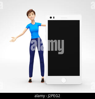 Telefono cellulare Mockup con schermo vuoto detenute da sorriso, felice Jenny - 3D fumetto personaggio femminile in abiti casual Foto Stock