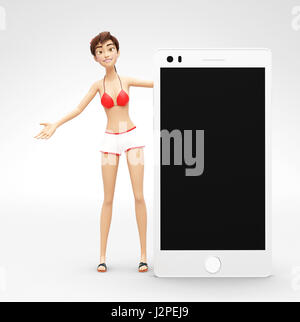 Telefono cellulare Mockup con schermo vuoto detenute da sorriso, felice Jenny - 3D fumetto personaggio femminile in costume da bagno Bikini Foto Stock