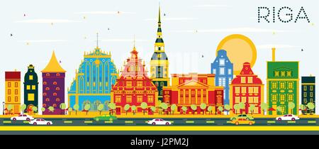 Lo skyline di riga con edifici di colore e cielo blu. illustrazione vettoriale. viaggi di affari e di turismo con il concetto di architettura storica. Illustrazione Vettoriale