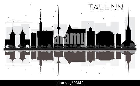 Tallinn City skyline in bianco e nero con silhouette riflessioni. Illustrazione Vettoriale. Piatto semplice concetto per il turismo presentazione, banner, cartellone Illustrazione Vettoriale