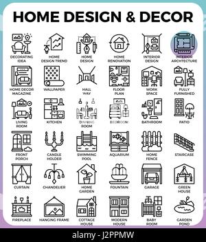 Home Design e decor concetto dettagliato della linea set di icone in linea moderna icona del concetto di stile per ui, ux, web design app Illustrazione Vettoriale