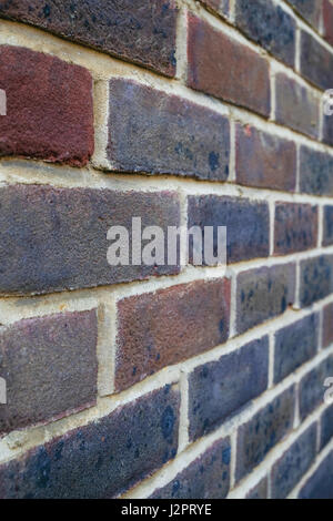 Muro di mattoni ritratto, viola e rosso mattone con puntamento bianco. Foto Stock