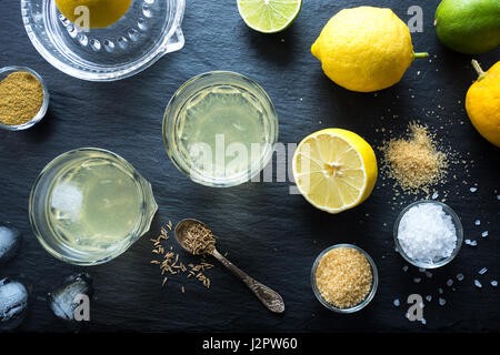 Nimbu Pani limonata indiano, bevanda rinfrescante per le giornate calde. Fatta in Casa naturale isotonica fatta con acqua e succo di limone, lo zucchero, il sale e cumino. Vista dall'alto. Foto Stock
