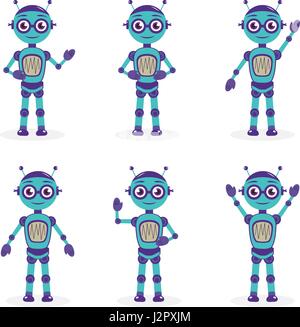 Mascotte Cartoon robot, robot carattere. Robot in diverse pose. Robot logo mascotte. Illustrazione Vettoriale. Illustrazione Vettoriale