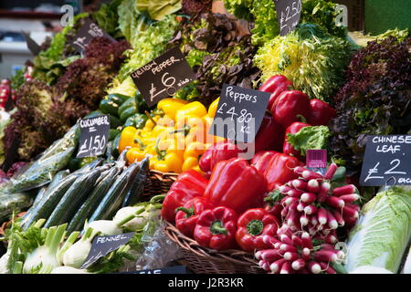 Una selezione di verdure compresi peperoni rossi e gialli, finocchio, ravanello cetriolo e lattuga su display per la vendita a Spitalfields Market, Londra Foto Stock