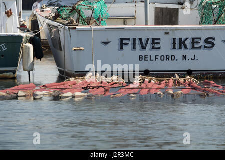 BELFORD, NEW JERSEY - 11 Aprile 2017: Cinque Ikes pesca barca è ormeggiata presso la Belford cooperativa di frutti di mare Foto Stock