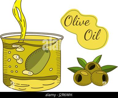 Olio d'oliva che fluisce nel vetro disegnata a mano Illustrazione Vettoriale