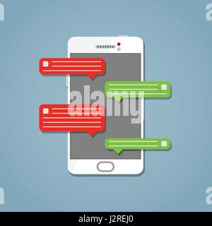 Un posizionato verticalmente white smartphone con uno schermo scuro e un messaggio istantaneo su di esso. In entrata e in uscita di SMS con icone dell'utente. Il dialogo in applic Illustrazione Vettoriale