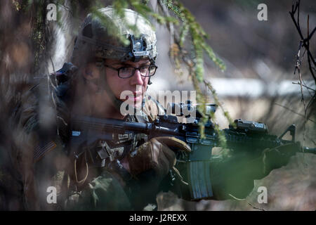 Spc. Jeremy Choleva, nativo di Hebron, Connecticut, assegnato al plotone Scout, sede e Sede Società, 1° Battaglione, 501Parachute Reggimento di Fanteria, quarta brigata di fanteria combattere Team (airborne), XXV divisione di fanteria, U.S. Esercito di Alaska, manovre per innestare la simulazione di bersagli nemici durante il live-formazione antincendio al Plotone Fanteria battaglia Corso su base comune Elmendorf-Richardson, Alaska, 26 aprile 2017. I soldati del 4/25 appartengono al solo American airborne brigade nel Pacifico e sono addestrati per eseguire le manovre di volo in condizioni di freddo intenso/alta altitudine in ambienti Foto Stock