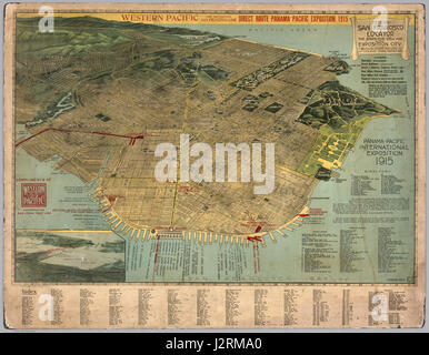 La mappa del 1914 Birds Eye di San Francisco è un'illustrazione aerea dettagliata che cattura il layout della città durante l'inizio del XX secolo. La mappa offre una birdâ vista panoramica della città, evidenziando le strade principali, i monumenti e i quartieri. Foto Stock