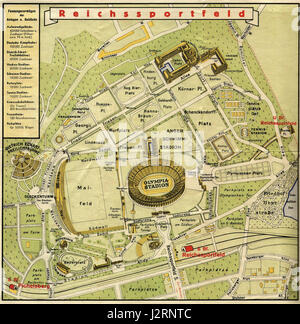 La mappa di Reichssportfeld delle Olimpiadi estive del 1936 a Berlino mostra la disposizione dei principali luoghi sportivi durante l'evento. Questa mappa funge da documento storico per le Olimpiadi tenute sotto il regime nazista. Foto Stock