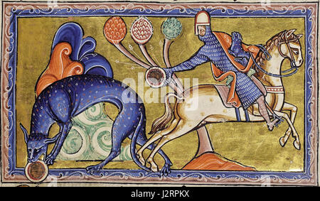 Un'illustrazione dettagliata di una tigre del Bestiario di Aberdeen, che mostra raffigurazioni medievali di animali in forma manoscritta. Foto Stock