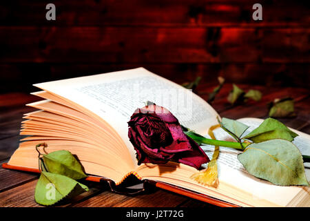 Una red rose appassite attraverso le pagine di un vecchio libro ingiallito dal tempo su un vecchio tavolo di legno. Foto Stock