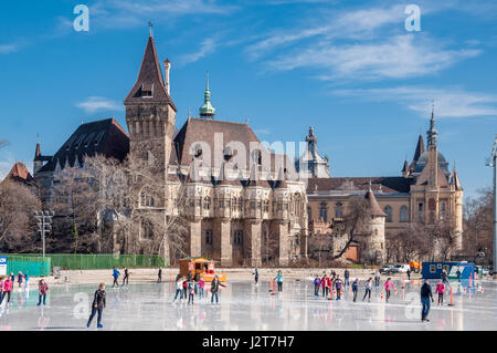 BUDAPEST, Ungheria - 22 febbraio 2016: Le persone sono il pattinaggio nella parte anteriore del Castello Vajdahunyad a Budapest, Ungheria. Foto Stock