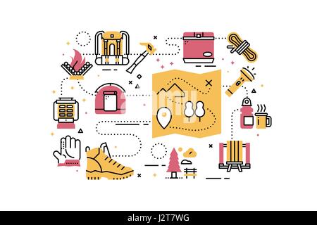 Outdoor camping le icone della linea illustrazione. Il design in stile moderno con le relative icone concetto di ornamento per il sito web, app web banner. Illustrazione Vettoriale