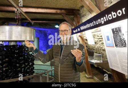 Haigerloch, Germania. Xv Apr, 2017. Il direttore del museo, Egidius Fechter, detiene una replica catena con cubetti di uranio accanto al vero per la replica originale del reattore di ricerca nel settore nucleare cantina museo di Haigerloch, Germania, 15 aprile 2017. Foto: Thomas Warnack/dpa/Alamy Live News Foto Stock