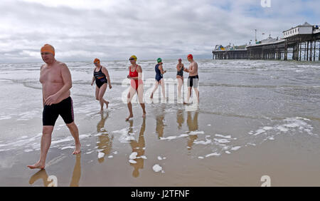 Brighton, Regno Unito. Il 1 maggio, 2017. Nuotatori da Brighton Nuoto Club godono di un inizio di mattina dip sul giorno di maggio Bank Holiday nonostante la fresca breezy meteo . La previsione è per una miscela di sole e di docce a sud della UK Credit: Simon Dack/Alamy Live News Foto Stock