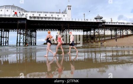 Brighton, Regno Unito. Il 1 maggio, 2017. Nuotatori da Brighton Nuoto Club godono di un inizio di mattina dip sul giorno di maggio Bank Holiday nonostante la fresca breezy meteo . La previsione è per una miscela di sole e di docce a sud della UK Credit: Simon Dack/Alamy Live News Foto Stock