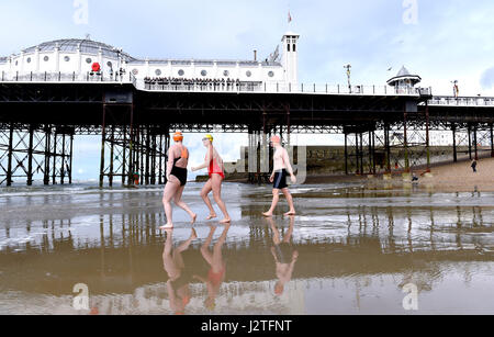 Brighton, Regno Unito. Il 1 maggio, 2017. Nuotatori da Brighton Nuoto Club godono di un inizio di mattina dip sul giorno di maggio Bank Holiday nonostante la fresca breezy meteo . La previsione è per una miscela di sole e di docce a sud della UK Credit: Simon Dack/Alamy Live News Foto Stock