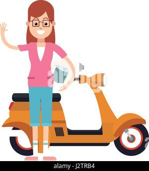 Donna di carattere con gli occhiali e scooter giallo Illustrazione Vettoriale