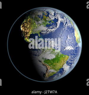 Americhe dallo spazio con visibili luci della citta'. 3D illustrazione con dettagliate pianeta superficie. Gli elementi di questa immagine fornita dalla NASA. Foto Stock
