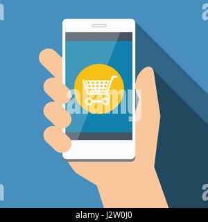 Telefono cellulare con lo shopping online. Vettore design piatto Illustrazione Vettoriale