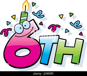 Un cartoon illustrazione del testo 6 con una candela di compleanno e coriandoli. Illustrazione Vettoriale