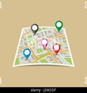 Mappa della città con marcatori. Illustrazione Vettoriale