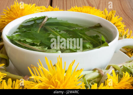 Tarassaco tè - Acqua calda versata sopra di foglie fresche di dente di leone Foto Stock