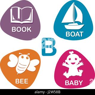 Alfabeto carino nel vettore. B la lettera per il libro, barca, Bee e Baby. Illustrazione Vettoriale