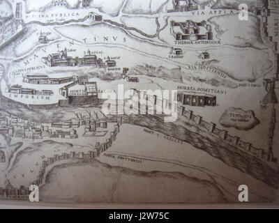 "1561 Ligorio Rom Plan Ausschnitt" si riferisce ad un estratto della mappa di Roma di Pirro Ligorio del 1561, "Antiquae Urbis Romae Imago". La mappa offre una descrizione dettagliata del paesaggio urbano dell'antica Roma, che riflette l'approccio accademico di Ligorio alla ricostruzione della topografia della città. Foto Stock