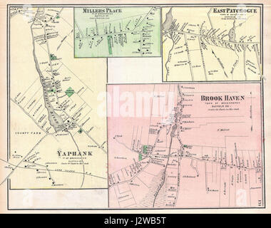 Questa mappa del 1873 di birre descrive in dettaglio le aree di Yaphank, Millers Place, Brook Haven e East Patchogue a Long Island, New York. Fornisce uno sguardo storico alla disposizione geografica della regione durante la fine del XIX secolo, mostrando strade, monumenti e sviluppi locali. Foto Stock