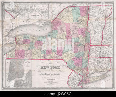 Una mappa tascabile del 1858 dello stato di New York, del Vermont, del Connecticut e di parti degli stati vicini, creata da J. Calvin Smith e J. Disturnell, con infissi del fiume St. Lawrence e di New York. Foto Stock