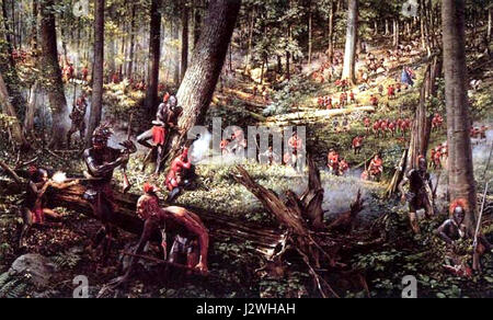 Questa immagine rappresenta una battaglia della guerra franco-indiana (1754-1763), un conflitto tra forze britanniche e francesi, con il coinvolgimento dei nativi americani. La guerra fu fondamentale nel plasmare il paesaggio coloniale nordamericano. Foto Stock