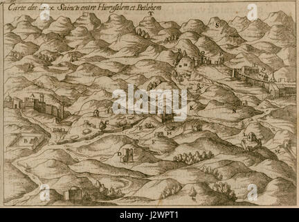 Questa mappa storica, creata da Henri De Beauvau nel 1615, raffigura i luoghi sacri tra Gerusalemme e Betlemme, evidenziando importanti siti di importanza religiosa. Foto Stock