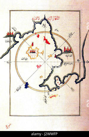 Questo si riferisce probabilmente a una mappa storica o a una rappresentazione di Atene creata dall'esploratore e cartografo ottomano Piri Reis. Le sue mappe e carte sono significative per la loro rappresentazione di terre antiche e contemporanee. Foto Stock