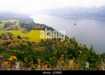 Panorama del paesaggio con una vista panoramica del sito presso la Columbia Gorge con autunno alberi, prati verdi, piccole case sulle rive del fiume Columbia Foto Stock